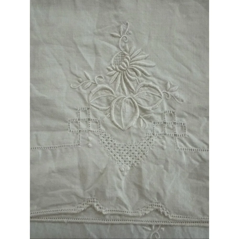 2 Vintage Queen Size Pillowcases Tonal Embroidered Floral Hemstitch Edge
